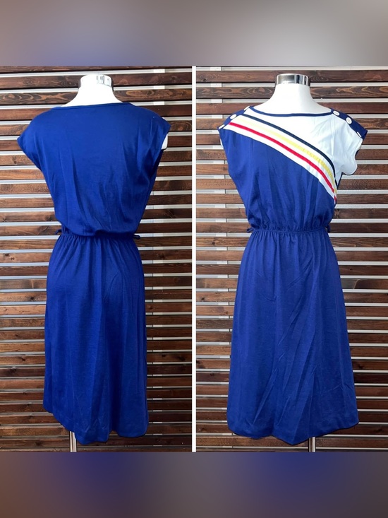 American Vintage Dresses & Skirts - 1970s 1980s Vintage Red White Blue Black Yellow Striped Dress w/ Buttons